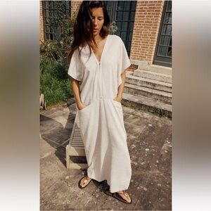 Zara Linen Blend Ecru Kaftan Maxi Dress with Front Pockets and Side Slit